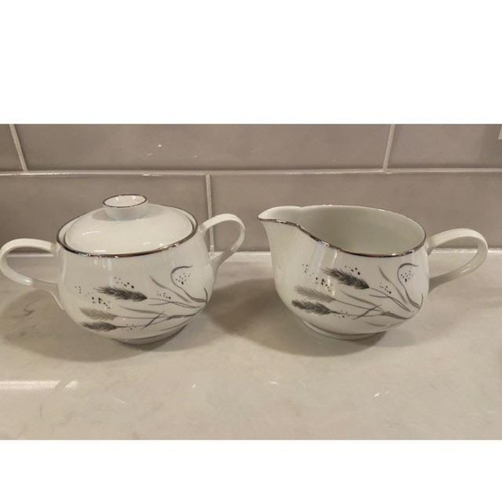 Easterling Silver Wheat Creamer and Sugar Bowl Set Bavaria Germany Fine China